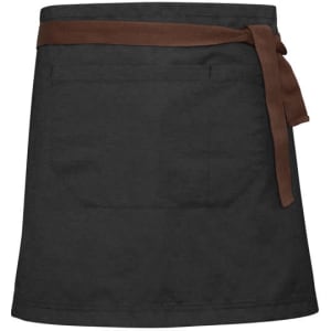 A black waist apron with a brown tie belt, featuring a pocket on the front. It has a simple design.