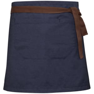A navy blue waist apron with a brown tied waistband and a front pocket. It features a logo on the design.