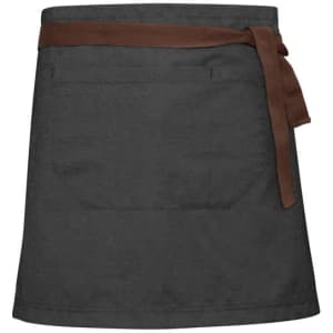 A dark grey waist apron with a brown tie belt and a single rear pocket. The apron features a logo on the fabric.