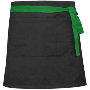 A black waist apron with a green tie and a pocket on the front, featuring a logo.