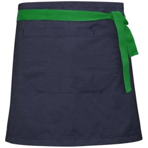 A dark navy apron with a vibrant green tie, featuring a front pocket and a simple design.