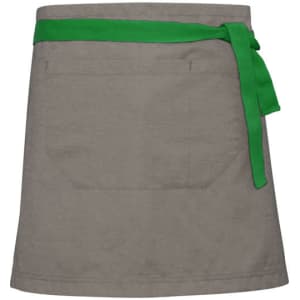 A grey waist apron with a green tie belt, featuring a back pocket and a simple design. It has a logo displayed.