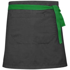 A black waist apron with a vibrant green tie, featuring a pocket on the front. It has a logo on the fabric.