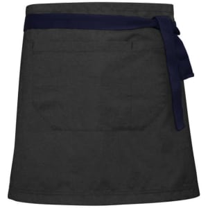 A dark grey waist strap apron with a navy blue tie and two front pockets. It features a logo on the design.