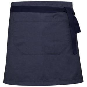 A navy waist strap apron featuring a tie and a rear pocket. It has a simple, professional design.