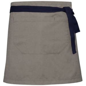 A khaki waist apron with a navy tie, featuring a single back pocket. It has a simple, minimalist design.