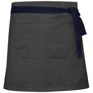 A dark grey waist apron with a navy tie, featuring a large pocket on the front.