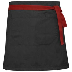 A black waist apron with a red tie, featuring a rear pocket and a simple design.
