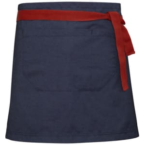 A navy waist apron with a red strap, featuring a large pocket at the front. Includes a logo.
