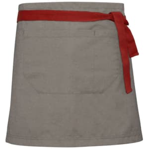 A grey waist apron featuring a red tie belt and a back pocket. The apron is designed for chefwear.