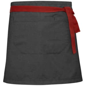 A grey waist apron with a red tie and a pocket at the back, featuring a logo.
