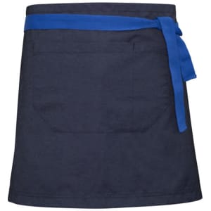 A navy waist apron with a blue tie, featuring a large front pocket and a plain design.