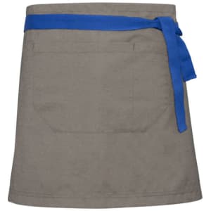 A grey waist apron with a blue tie, featuring a pocket on the back. Includes a small logo detail.