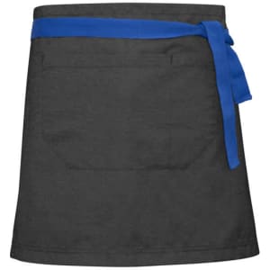 A black waist apron with a blue tie, featuring two pockets at the front. Branding is present on the apron.