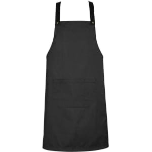 A black apron with adjustable bib straps and a front pocket, featuring a logo at the top.