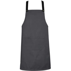 A grey apron featuring black straps and a front pocket. It has a simple design with a logo visible.
