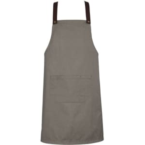 A khaki apron with brown straps and a front pocket. The apron features a logo or branding detail.