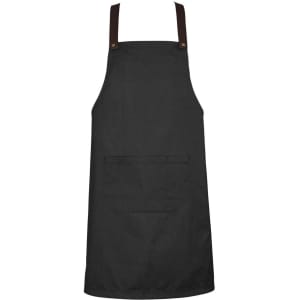 A black apron with brown straps and a front pocket, featuring a logo on one of the straps.
