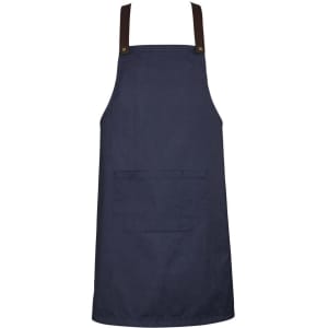 A navy apron with brown straps, featuring a front pocket, designed for chefwear.