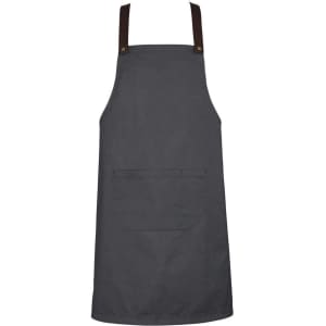 A grey apron with brown straps and a front pocket, featuring a logo on the strap.