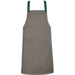 A khaki apron with green bib straps and a front pocket, featuring a logo on the straps.