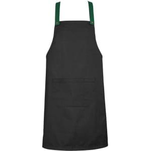 A black apron with green straps and a front pocket, featuring a logo.