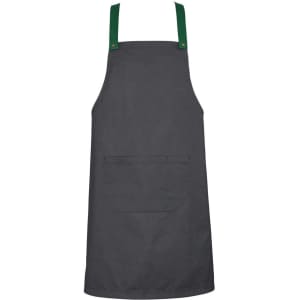 A grey apron with green straps and a front pocket, featuring a logo at the neckline.
