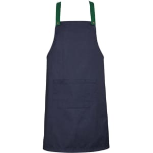 A navy blue apron with green straps and a front pocket, featuring a logo on one side.