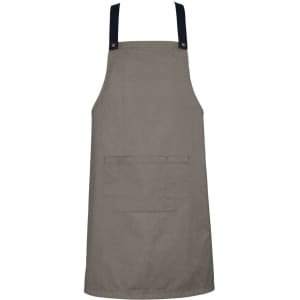A khaki apron with navy straps and a front pocket, featuring a logo on one side.