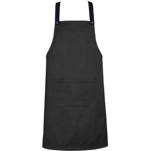 A black apron with adjustable dark straps and a front pocket, featuring a logo.