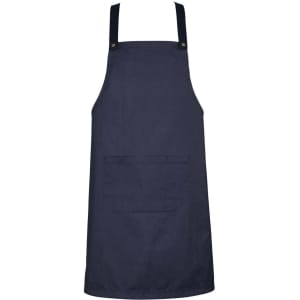 A navy blue apron with adjustable straps and a front pocket, featuring a logo.