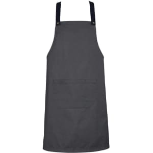 A grey chef apron with dark blue straps and a front pocket, featuring a logo on one side.