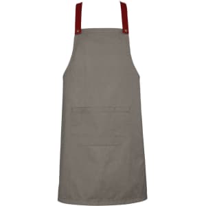 An olive-green apron with red straps and a front pocket, featuring a simple design and a branding logo.