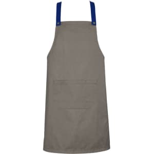 A grey apron with blue straps and a front pocket, featuring a simple, clean design. It has a logo at the top.