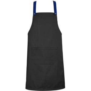 A black apron with blue straps and a front pocket, featuring a logo on the design.