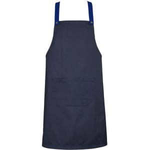 A navy blue chef's apron with blue straps and a front pocket, featuring a branding logo.