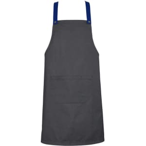 A grey apron with blue straps and a front pocket, featuring a branding logo on the straps.