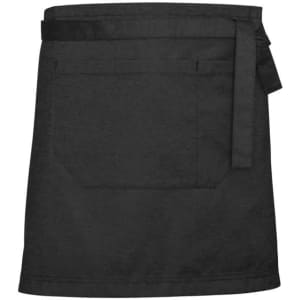 A black waist apron featuring a front pocket and a tie at the waist, with a discreet logo.