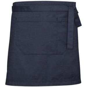 A navy blue waist apron featuring a large pocket and a waist tie, with a branding logo.