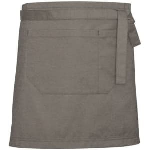 A khaki Urban Waist Apron featuring a pocket and a tied waist. The design is simple and functional, with a branding logo.