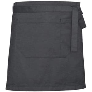 A dark grey waist apron featuring a tie waist closure and a large front pocket. It has a subtle textured design and includes a logo.