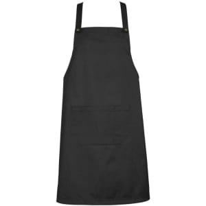 A black Urban Bib Apron featuring a front pocket and adjustable straps. It has a logo on the fabric.