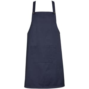 A navy blue bib apron featuring a front pocket and adjustable straps, with branding present.