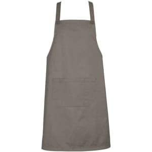 A khaki apron with adjustable straps and a front pocket, featuring a logo. Suitable for various workwear settings.