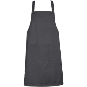 A dark grey bib apron featuring a front pocket and adjustable straps, with a small logo on one side.