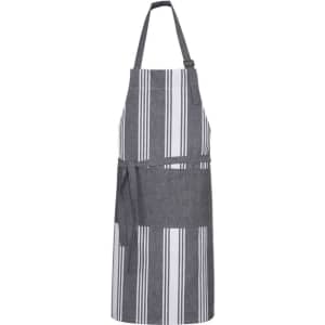 A grey and white striped apron with an adjustable neck strap and a waist tie, featuring a front pocket.
