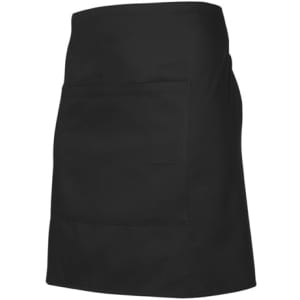 A black short waisted apron featuring a front pocket, designed for workwear use. It has a simple, sleek design.