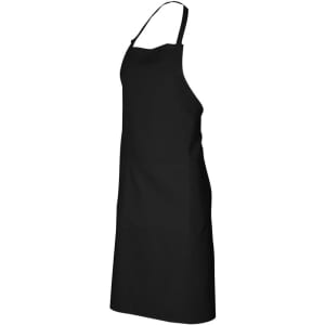 A black bib apron featuring adjustable straps and a front pocket, displaying a simple and sleek design.