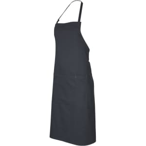 A dark grey bib apron with adjustable straps and a front pocket, featuring a logo on the fabric.