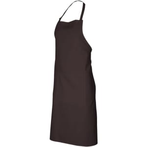 A dark brown bib apron with an adjustable neck strap and a front pocket, showcasing a simple and functional design.